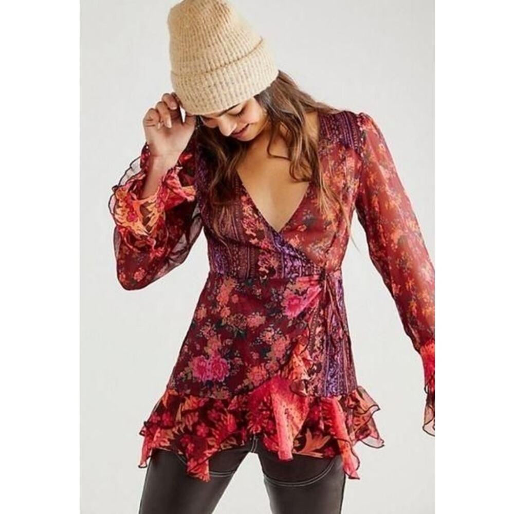 FREE PEOPLE Magic Hour Wrap Top Purple Red Bohemian Whimsical Combo Top Size S